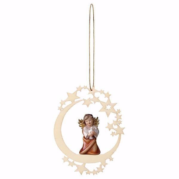 Picture of Guardian Angel with dove and Moon Frame Diam. cm 12 (4,7 inch) Christmas Tree wooden Decoration painted with oil colours Val Gardena