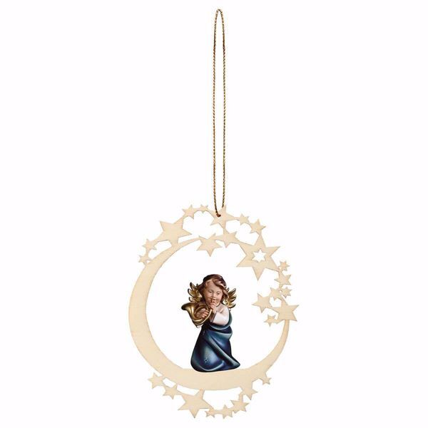 Picture of Guardian Angel with horn and Moon Frame Diam. cm 12 (4,7 inch) Christmas Tree wooden Decoration painted with oil colours Val Gardena
