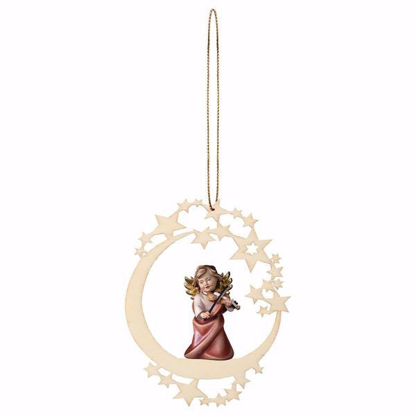 Immagine di Angelo Custode con corno Cornice a Luna Diam. cm 12 (4,7 inch) Decorazione Albero Natale dipinta ad olio in legno Val Gardena