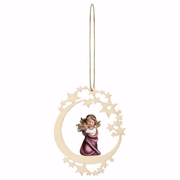 Picture of Guardian Angel with flute and Moon Frame Diam. cm 12 (4,7 inch) Christmas Tree wooden Decoration painted with oil colours Val Gardena