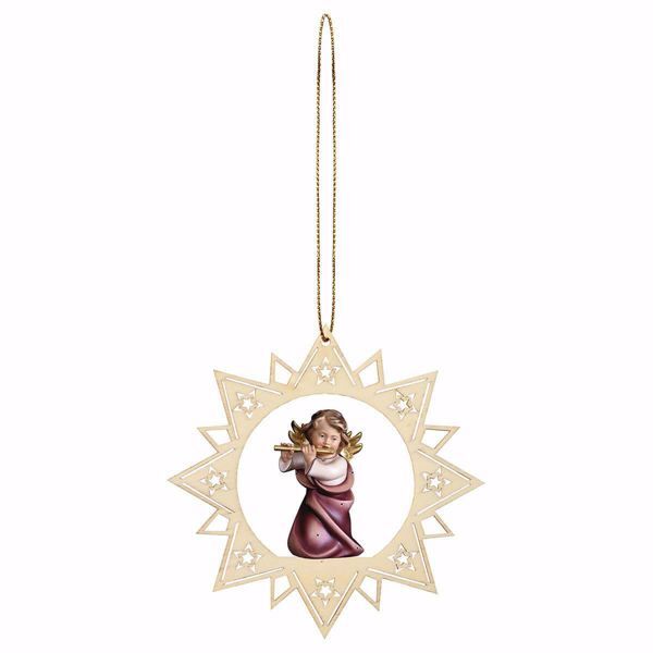 Picture of Guardian Angel with flute and Star Frame Diam. cm 12 (4,7 inch) Christmas Tree wooden Decoration painted with oil colours Val Gardena