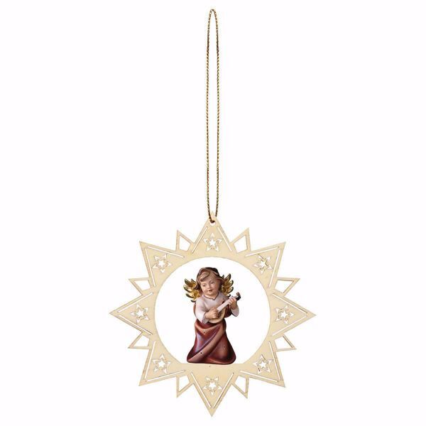 Picture of Guardian Angel with lute and Star Frame Diam. cm 12 (4,7 inch) Christmas Tree wooden Decoration painted with oil colours Val Gardena
