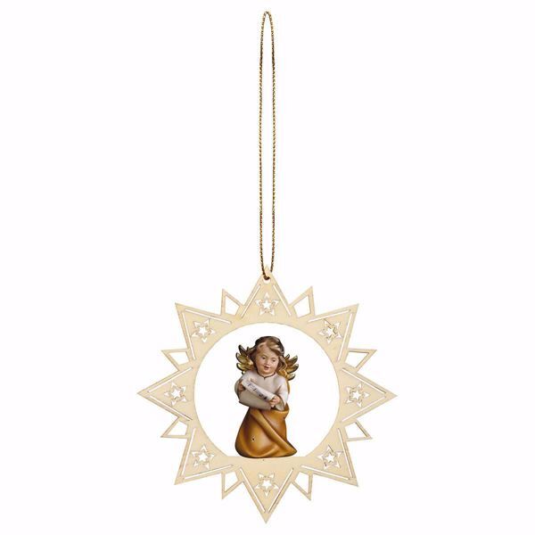 Picture of Guardian Angel with notes and Star Frame Diam. cm 12 (4,7 inch) Christmas Tree wooden Decoration painted with oil colours Val Gardena