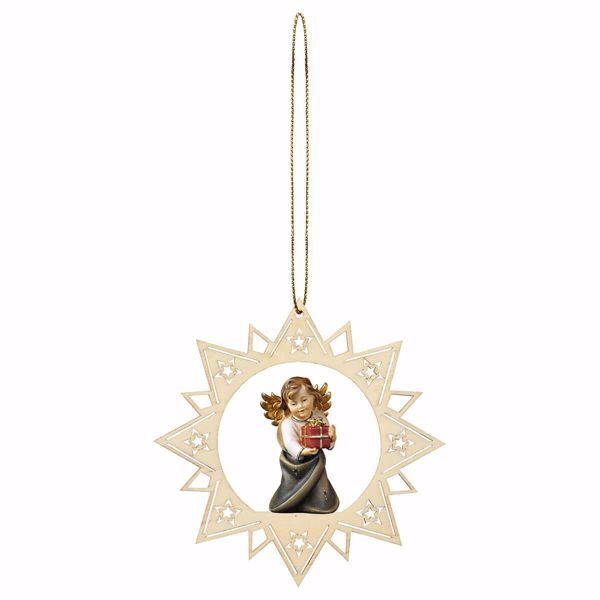 Imagen de Ángel de la Guarda con regalo y Marco de Estrella Diam. cm 12 (4,7 inch) Decoración Árbol de Navidad pintada al óleo en madera Val Gardena