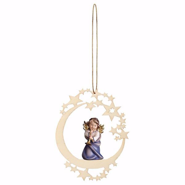 Picture of Guardian Angel with trombone and Moon Frame Diam. cm 12 (4,7 inch) Christmas Tree wooden Decoration painted with oil colours Val Gardena