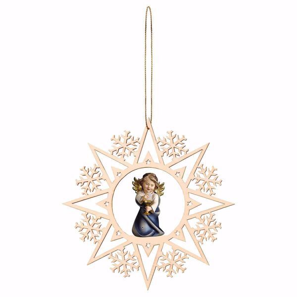 Picture of Guardian Angel with chalice and Snow Flakes Frame Diam. cm 15 (5,9 inch) Christmas Tree wooden Decoration painted with oil colours Val Gardena