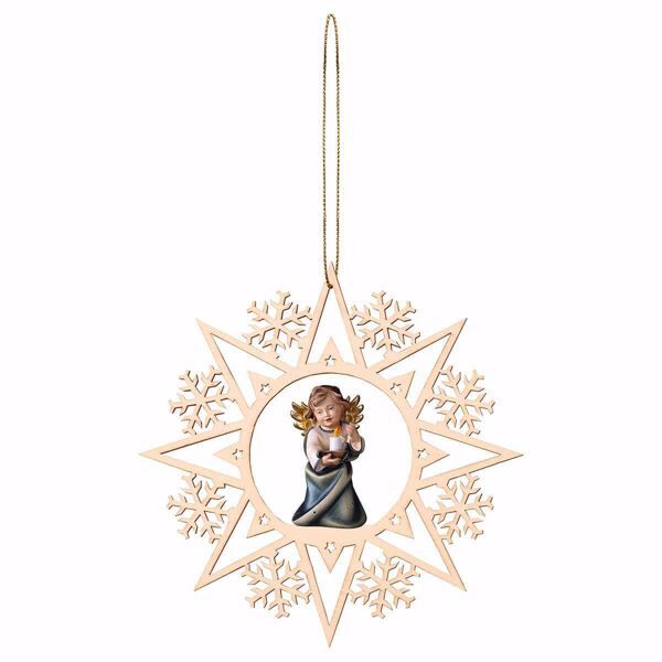 Picture of Guardian Angel with candle and Snow Flakes Frame Diam. cm 15 (5,9 inch) Christmas Tree wooden Decoration painted with oil colours Val Gardena