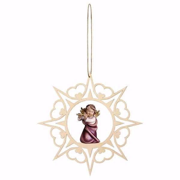 Picture of Guardian Angel with flute and Hearts Frame Diam. cm 15 (5,9 inch) Christmas Tree wooden Decoration painted with oil colours Val Gardena