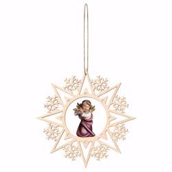 Picture of Guardian Angel with flute and Snow Flakes Frame Diam. cm 15 (5,9 inch) Christmas Tree wooden Decoration painted with oil colours Val Gardena