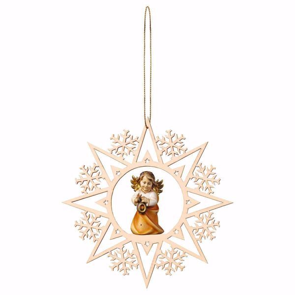 Picture of Guardian Angel with lantern and Snow Flakes Frame Diam. cm 15 (5,9 inch) Christmas Tree wooden Decoration painted with oil colours Val Gardena
