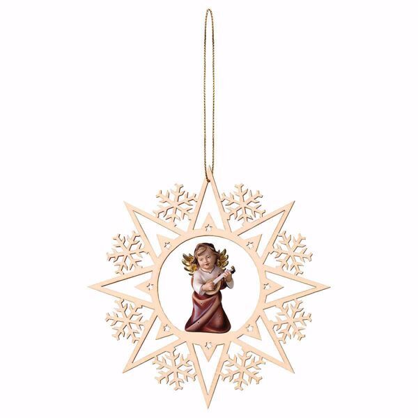 Picture of Guardian Angel with lute and Snow Flakes Frame Diam. cm 15 (5,9 inch) Christmas Tree wooden Decoration painted with oil colours Val Gardena