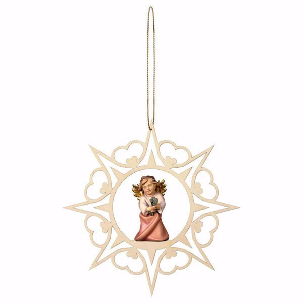Picture of Guardian Angel with cloverleaf and Hearts Frame Diam. cm 15 (5,9 inch) Christmas Tree wooden Decoration painted with oil colours Val Gardena
