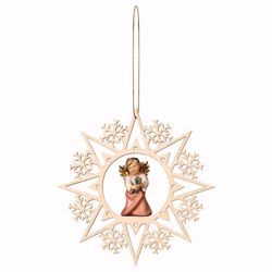 Picture of Guardian Angel with cloverleaf and Snow Flakes Frame Diam. cm 15 (5,9 inch) Christmas Tree wooden Decoration painted with oil colours Val Gardena