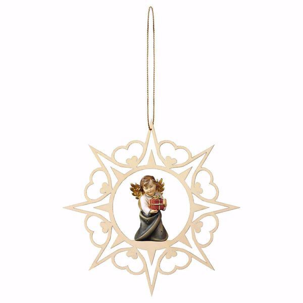 Picture of Guardian Angel with gift and Hearts Frame Diam. cm 15 (5,9 inch) Christmas Tree wooden Decoration painted with oil colours Val Gardena
