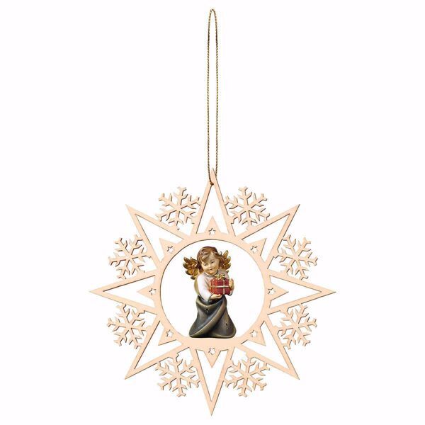 Picture of Guardian Angel with gift and Snow Flakes Frame Diam. cm 15 (5,9 inch) Christmas Tree wooden Decoration painted with oil colours Val Gardena