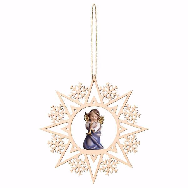 Picture of Guardian Angel with trombone and Snow Flakes Frame Diam. cm 15 (5,9 inch) Christmas Tree wooden Decoration painted with oil colours Val Gardena