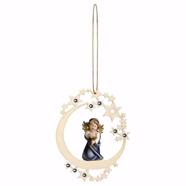 Picture of Guardian Angel with chalice Moon Frame and coloured Stones Diam. cm 12 (4,7 inch) Christmas Tree wooden Decoration painted with oil colours Val Gardena