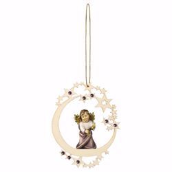 Picture of Guardian Angel with Bells Moon Frame and coloured Stones Diam. cm 12 (4,7 inch) Christmas Tree wooden Decoration painted with oil colours Val Gardena