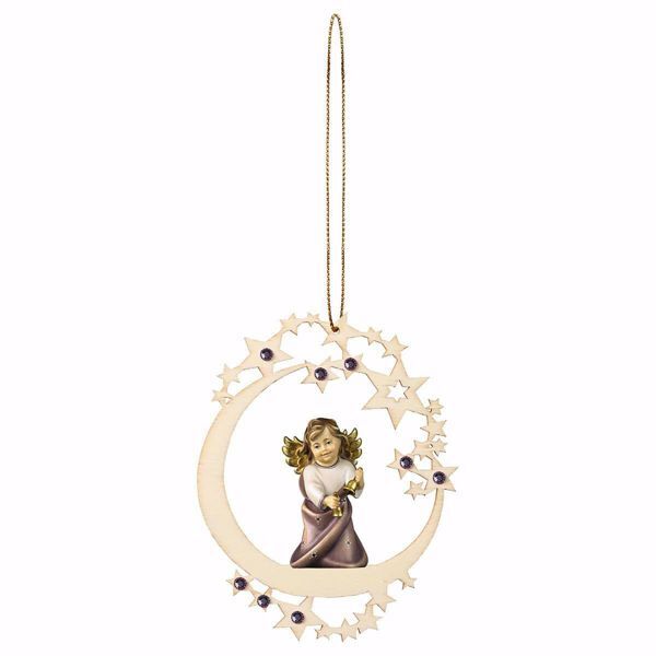 Picture of Guardian Angel with Bells Moon Frame and coloured Stones Diam. cm 12 (4,7 inch) Christmas Tree wooden Decoration painted with oil colours Val Gardena