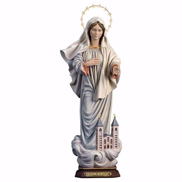 Imagen de Kraljice Mira Nuestra Señora de Medjugorje Reina de la Paz con Iglesia Aureola cm 23 (9,1 inch) Estatua pintada al óleo madera Val Gardena