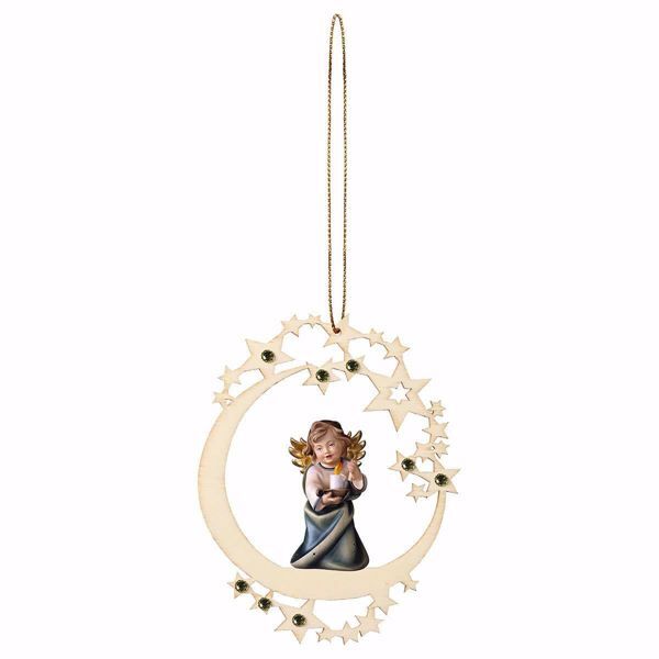 Picture of Guardian Angel with candle Moon Frame and coloured Stones Diam. cm 12 (4,7 inch) Christmas Tree wooden Decoration painted with oil colours Val Gardena