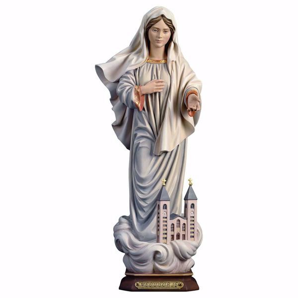 Imagen de Madonna Nuestra Señora de Medjugorje con Iglesia cm 30 (11,8 inch) Estatua pintada al óleo madera Val Gardena