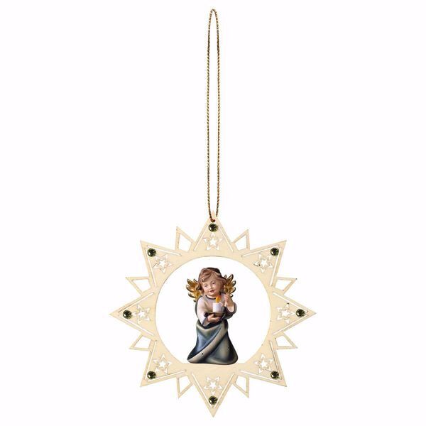 Picture of Guardian Angel with candle Star Frame and coloured Stones Diam. cm 12 (4,7 inch) Christmas Tree wooden Decoration painted with oil colours Val Gardena
