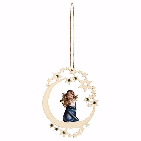 Picture of Guardian Angel with horn Moon Frame and coloured Stones Diam. cm 12 (4,7 inch) Christmas Tree wooden Decoration painted with oil colours Val Gardena