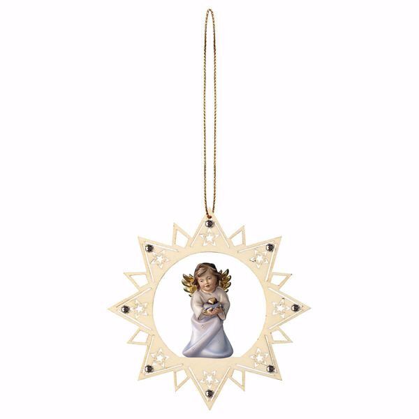 Picture of Guardian Angel with heart Star Frame and coloured Stones Diam. cm 12 (4,7 inch) Christmas Tree wooden Decoration painted with oil colours Val Gardena