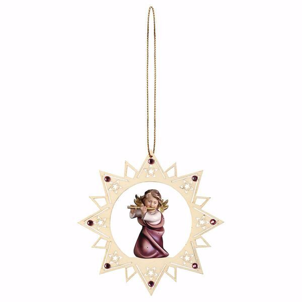 Picture of Guardian Angel with flute Star Frame and coloured Stones Diam. cm 12 (4,7 inch) Christmas Tree wooden Decoration painted with oil colours Val Gardena
