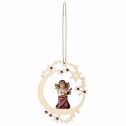 Picture of Guardian Angel with lute Moon Frame and coloured Stones Diam. cm 12 (4,7 inch) Christmas Tree wooden Decoration painted with oil colours Val Gardena