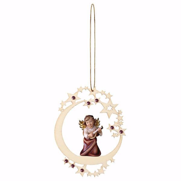 Immagine di Angelo con liuto cornice Luna e pietre 12 cm addobbo legno albero di Natale