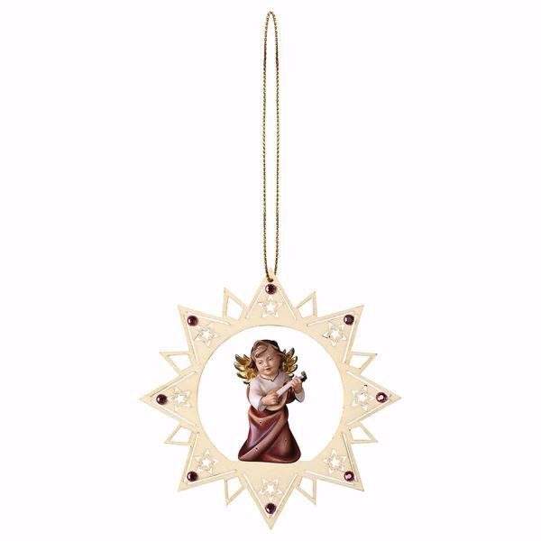 Immagine di Angelo con liuto cornice Stella e pietre 12 cm addobbo legno albero di Natale
