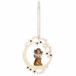 Picture of Guardian Angel with notes Moon Frame and coloured Stones Diam. cm 12 (4,7 inch) Christmas Tree wooden Decoration painted with oil colours Val Gardena