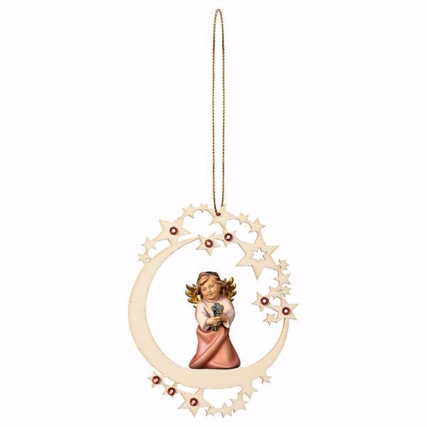 Picture of Guardian Angel with cloverleaf Moon Frame and coloured Stones Diam. cm 12 (4,7 inch) Christmas Tree wooden Decoration painted with oil colours Val Gardena
