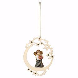 Picture of Guardian Angel with gift Moon Frame and coloured Stones Diam. cm 12 (4,7 inch) Christmas Tree wooden Decoration painted with oil colours Val Gardena