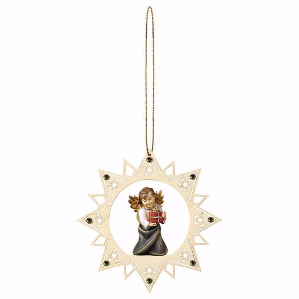 Picture of Guardian Angel with gift Star Frame and coloured Stones Diam. cm 12 (4,7 inch) Christmas Tree wooden Decoration painted with oil colours Val Gardena