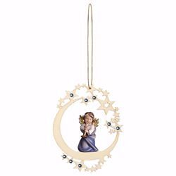 Picture of Guardian Angel with trombone Moon Frame and coloured Stones Diam. cm 12 (4,7 inch) Christmas Tree wooden Decoration painted with oil colours Val Gardena