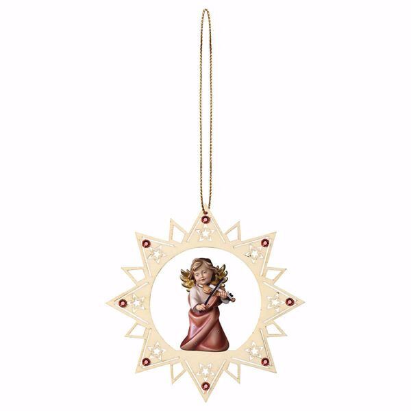 Picture of Guardian Angel with violin Star Frame and coloured Stones Diam. cm 12 (4,7 inch) Christmas Tree wooden Decoration painted with oil colours Val Gardena