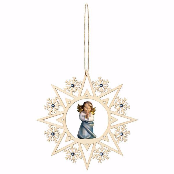 Picture of Guardian Angel Praying with Snow Flakes Frame and coloured Stones Diam. cm 15 (5,9 inch) Christmas Tree wooden Decoration painted with oil colours Val Gardena