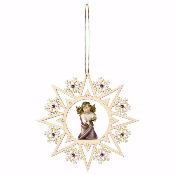 Picture of Guardian Angel with Bells Snow Flakes Frame and coloured Stones Diam. cm 15 (5,9 inch) Christmas Tree wooden Decoration painted with oil colours Val Gardena