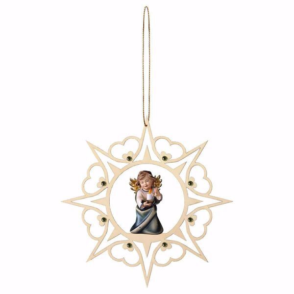 Picture of Guardian Angel with candle Hearts Frame and coloured Stones Diam. cm 15 (5,9 inch) Christmas Tree wooden Decoration painted with oil colours Val Gardena