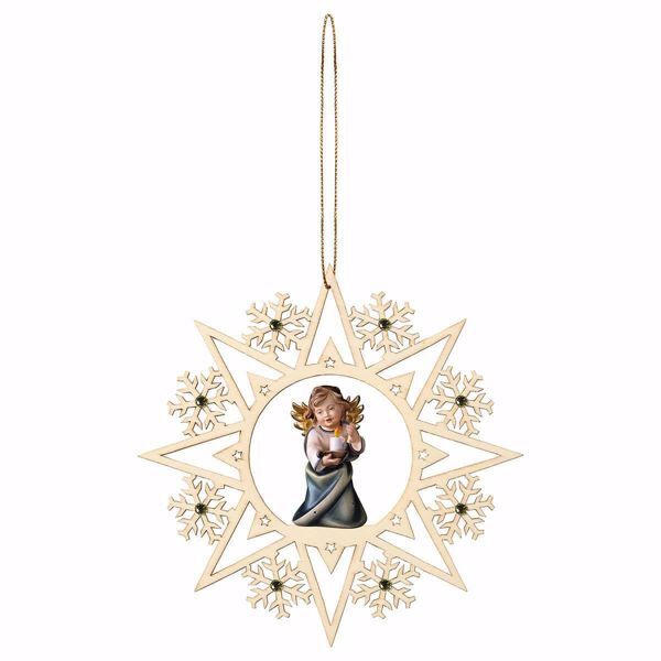 Picture of Guardian Angel with candle Snow Flakes Frame and coloured Stones Diam. cm 15 (5,9 inch) Christmas Tree wooden Decoration painted with oil colours Val Gardena