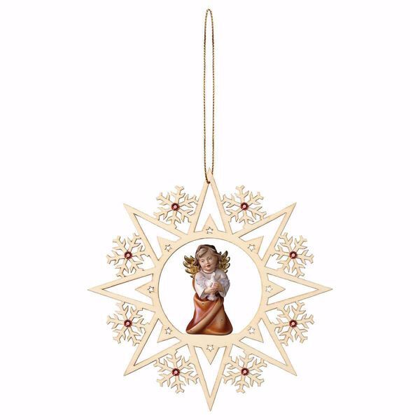 Picture of Guardian Angel with dove Snow Flakes Frame and coloured Stones Diam. cm 15 (5,9 inch) Christmas Tree wooden Decoration painted with oil colours Val Gardena