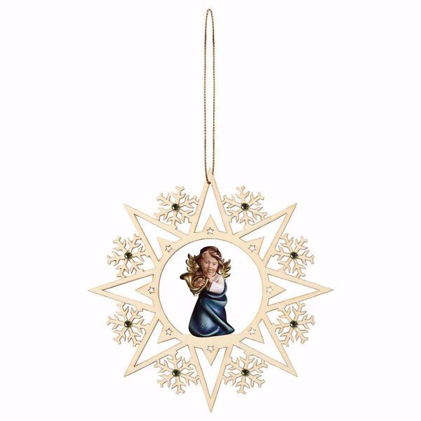 Picture of Guardian Angel with horn Snow Flakes Frame and coloured Stones Diam. cm 15 (5,9 inch) Christmas Tree wooden Decoration painted with oil colours Val Gardena