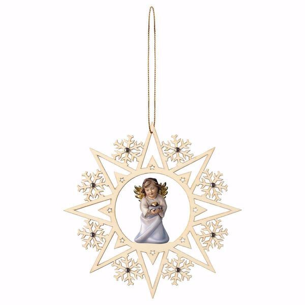 Picture of Guardian Angel with heart Snow Flakes Frame and coloured Stones Diam. cm 15 (5,9 inch) Christmas Tree wooden Decoration painted with oil colours Val Gardena