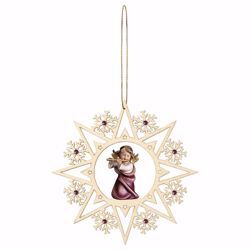Picture of Guardian Angel with flute Snow Flakes Frame and coloured Stones Diam. cm 15 (5,9 inch) Christmas Tree wooden Decoration painted with oil colours Val Gardena