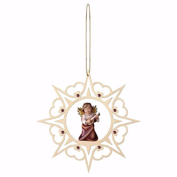 Picture of Guardian Angel with lute Hearts Frame and coloured Stones Diam. cm 15 (5,9 inch) Christmas Tree wooden Decoration painted with oil colours Val Gardena