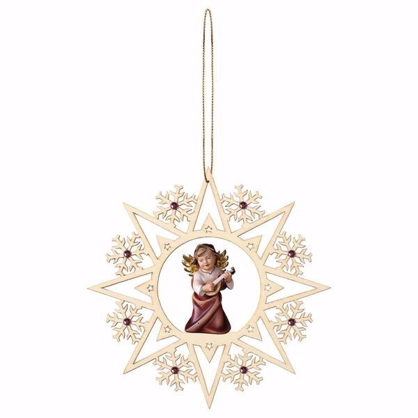 Picture of Guardian Angel with lute Snow Flakes Frame and coloured Stones Diam. cm 15 (5,9 inch) Christmas Tree wooden Decoration painted with oil colours Val Gardena