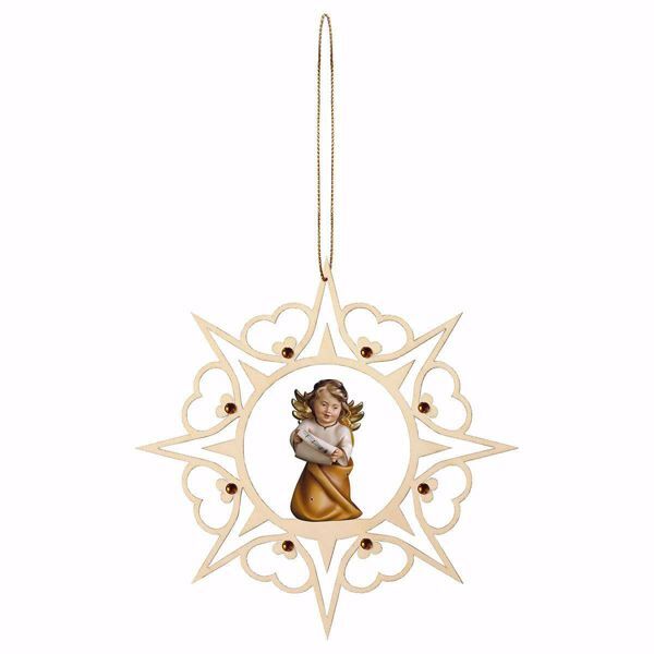 Picture of Guardian Angel with notes Hearts Frame and coloured Stones Diam. cm 15 (5,9 inch) Christmas Tree wooden Decoration painted with oil colours Val Gardena